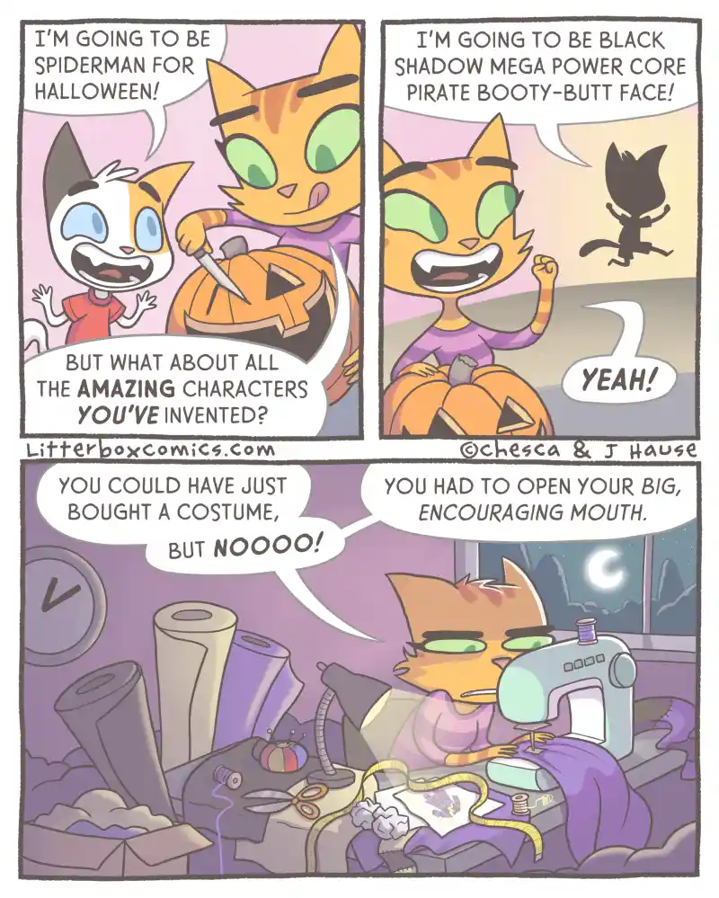 A three-panel comic strip featuring cartoon cats. In the first panel, a white-and-black cat excitedly announces they'll be…
