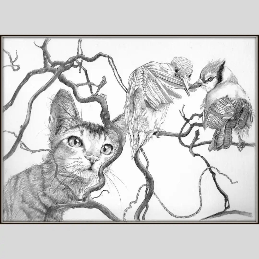 A detailed pencil drawing shows a cat peeking through tangled tree branches on the left, while two birds are perched on…