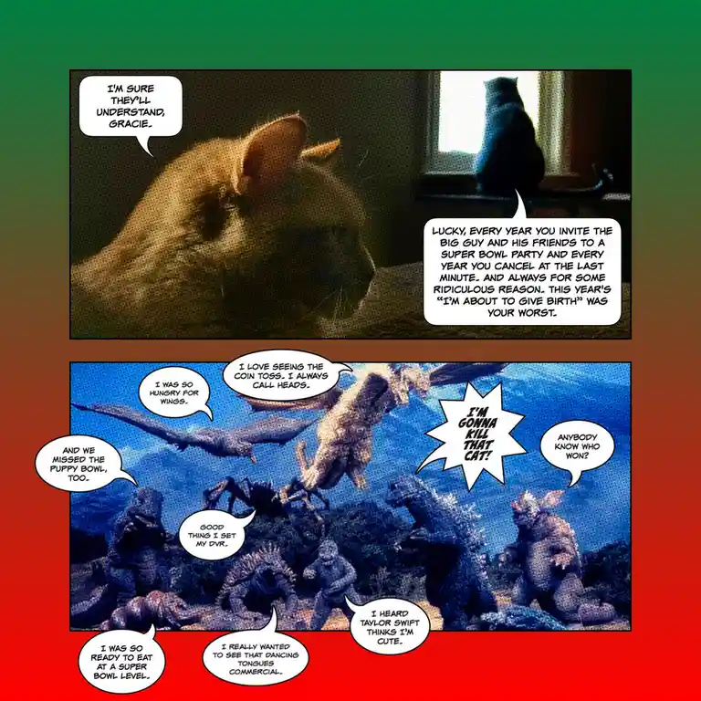 The image is a two-panel comic. The top panel shows a cat looking away while another cat sits by a window, with text about…