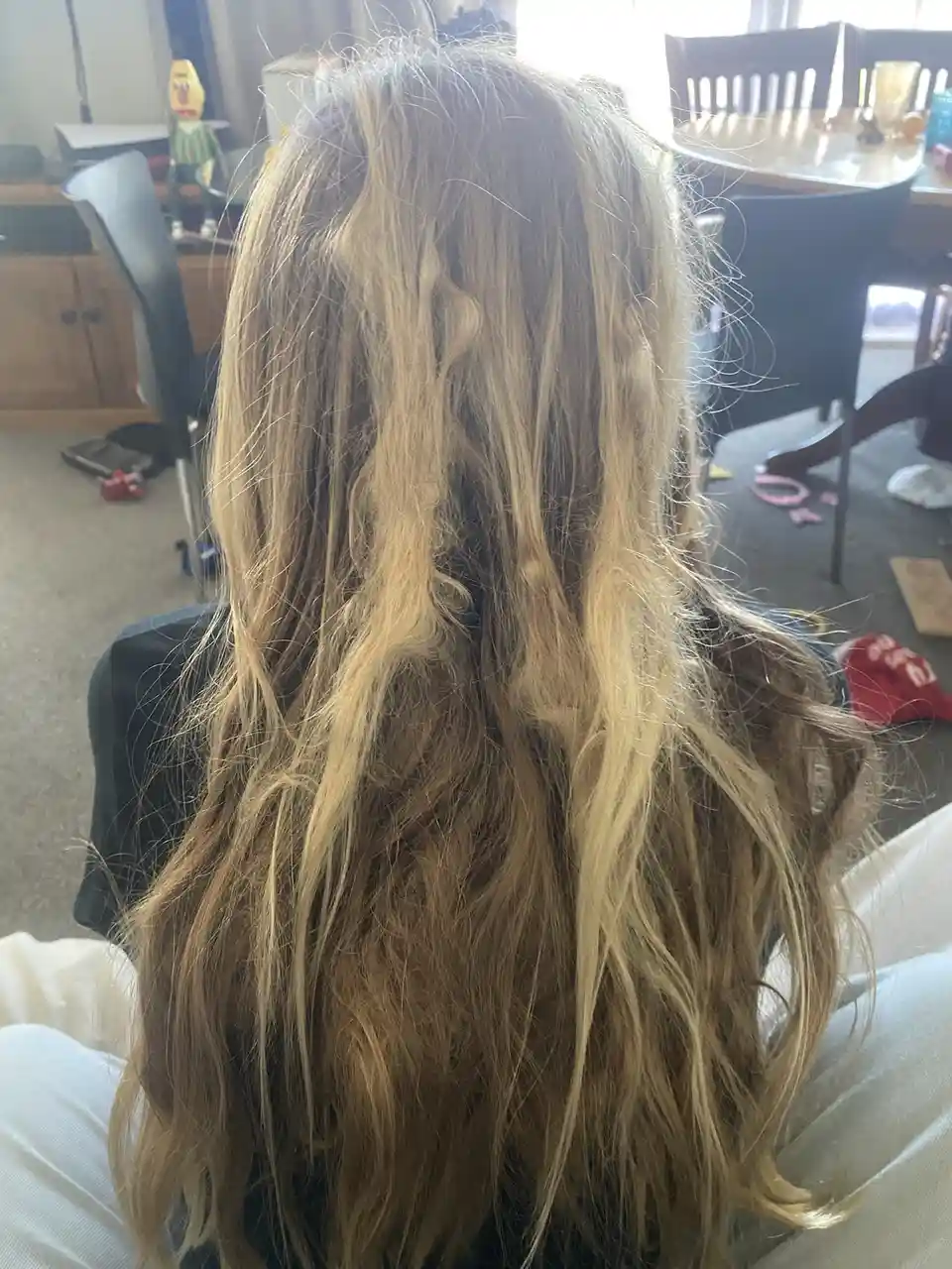 A person with long, blonde hair is seen from behind, sitting in a room with furniture and toys visible in the background…