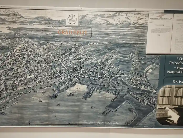 A historical black-and-white map of the city of Split, Croatia, dated 1926, showing the harbor, city layout, and surrounding…