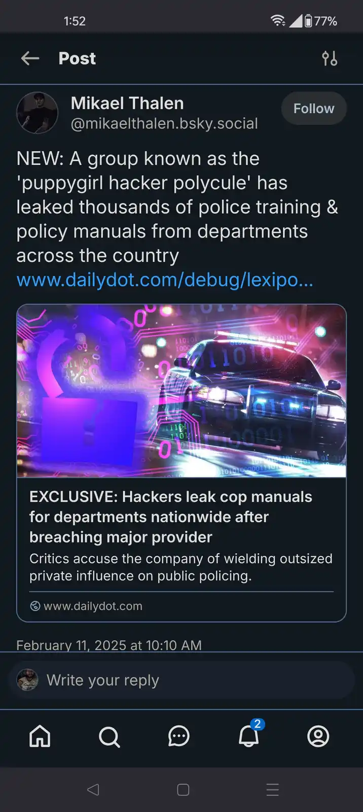 A screenshot of a social media post by Mikael Thalen, featuring a news article about hackers leaking police manuals. The…