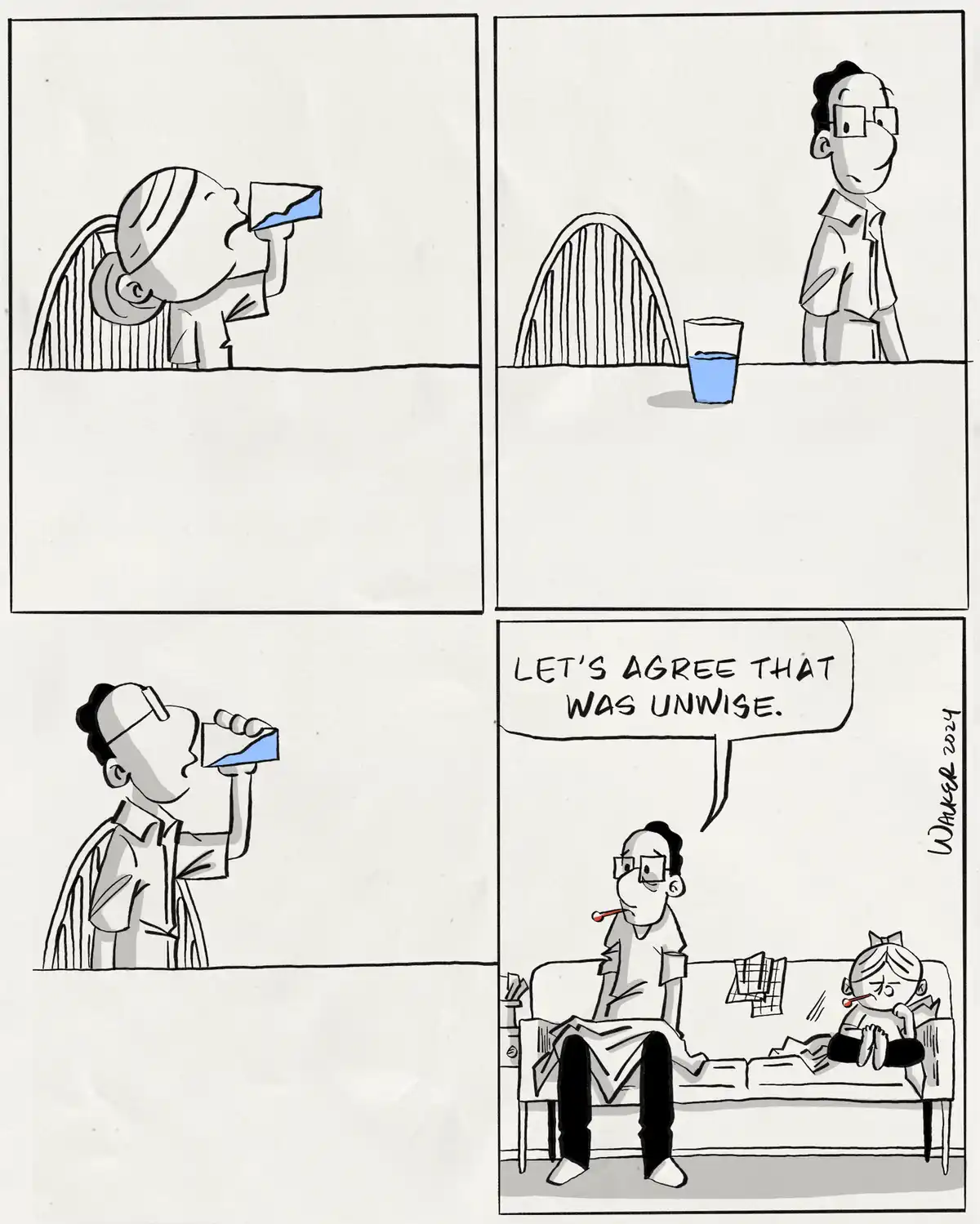 A three-panel comic shows a person drinking from a glass, then another person drinking from the same glass, and finally both…