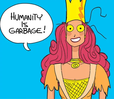 A cartoon illustration of a smiling, stylized female figure with pink hair, wearing a yellow crown and a yellow and orange…