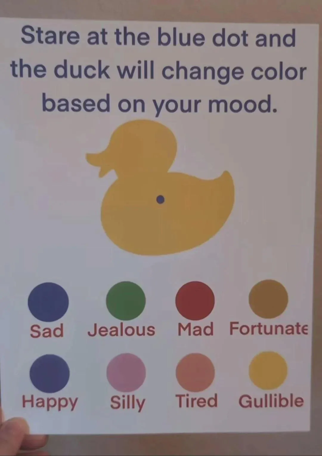 A printed image shows a yellow rubber duck with a blue dot on its chest. Above it, text instructs to stare at the blue dot…