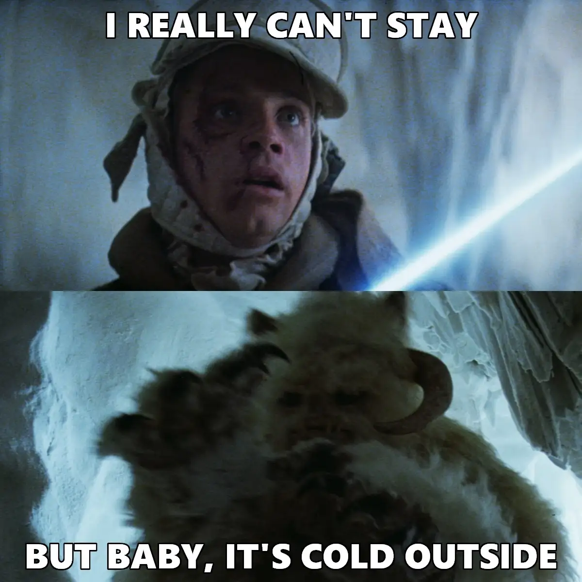 The image is a two-panel meme. The top panel shows a close-up of a young man in a snowy, icy environment, wearing a hooded…