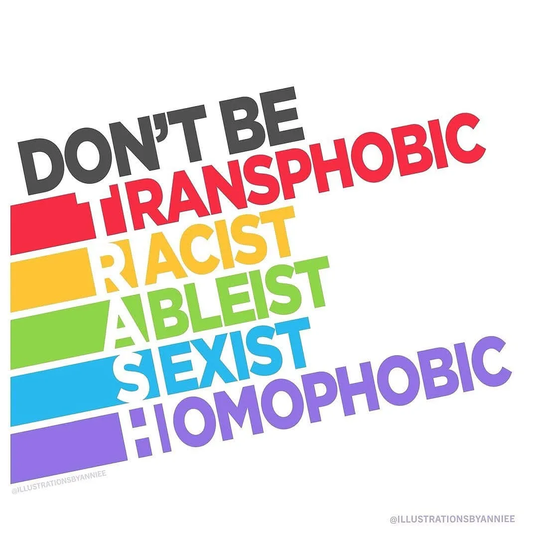 The image displays bold, colorful text arranged in a rainbow pattern, listing various forms of prejudice: 'DON'T BE…