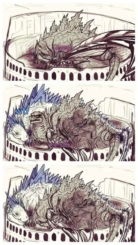 A three-panel comic strip shows Godzilla sleeping in a film reel. In the second panel, he wakes up startled, with text…