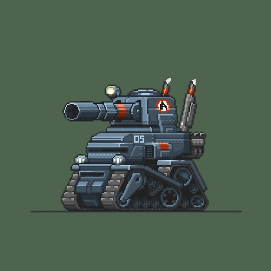 Six pixel-art military vehicles are shown in two rows: a tank, a tank with a commander, a fighter plane, a mech, a…