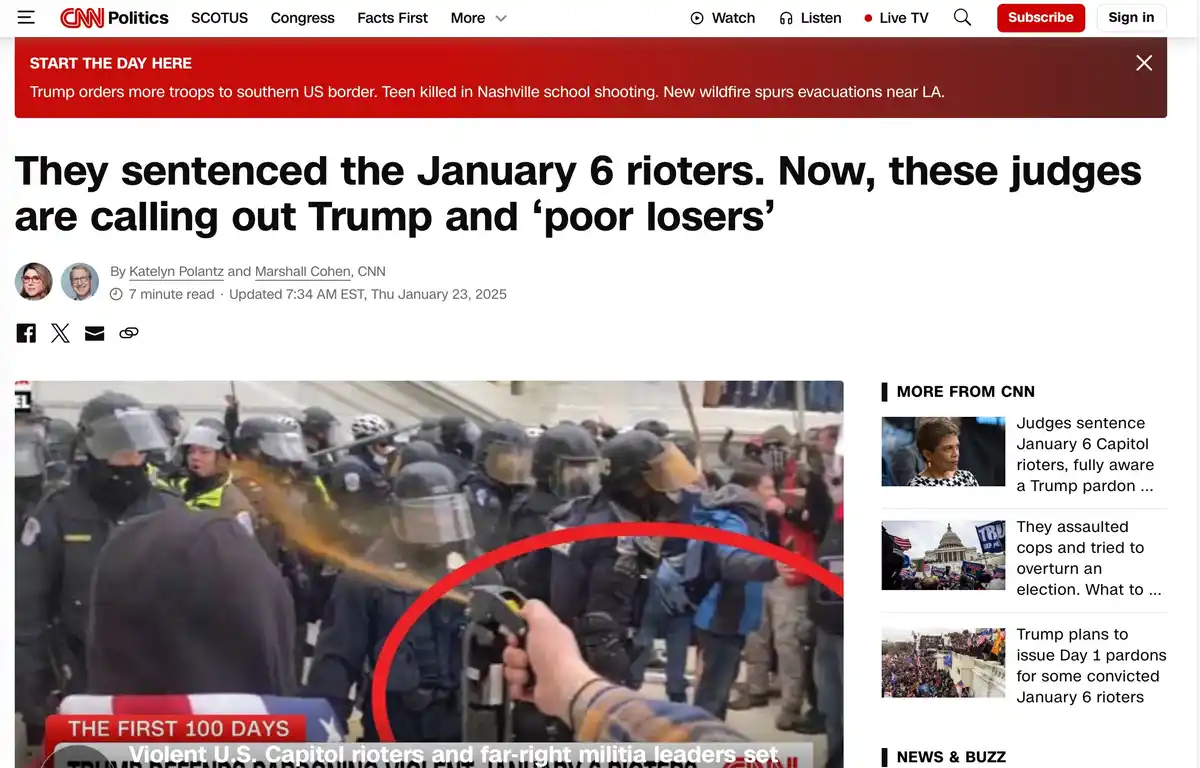 A screenshot of a CNN Politics article headline about January 6 rioters being sentenced, overlaid with the text 'They…