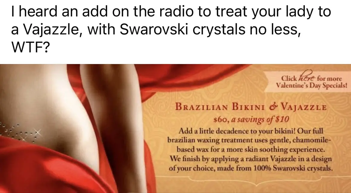 An advertisement image for a 'Brazilian Bikini & Vajazzle' service priced at $60, featuring a woman's lower back and hip…