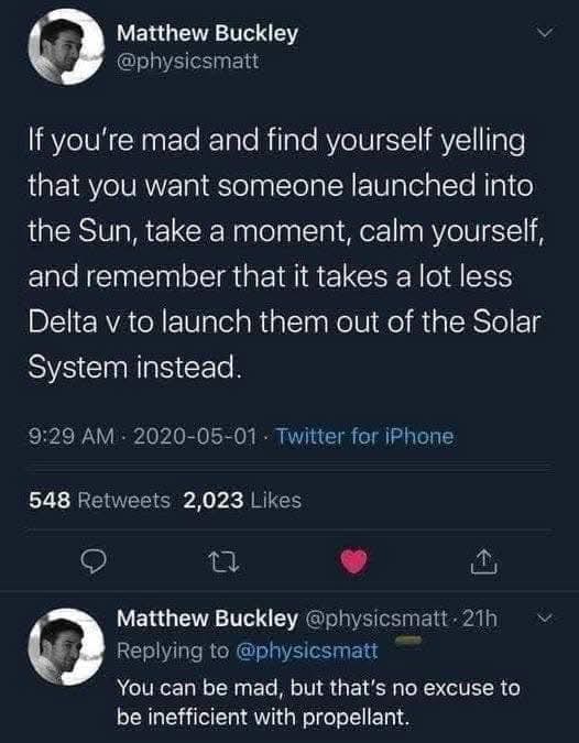 A screenshot of a Twitter thread by Matthew Buckley (@physicsmatt) showing a tweet about calming down when angry by…