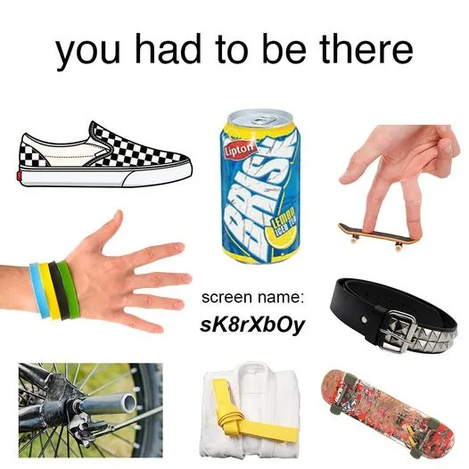An image collage of eight items: a checkered slip-on shoe, a can of Lipton Iced Tea, a hand holding a tiny skateboard, a…
