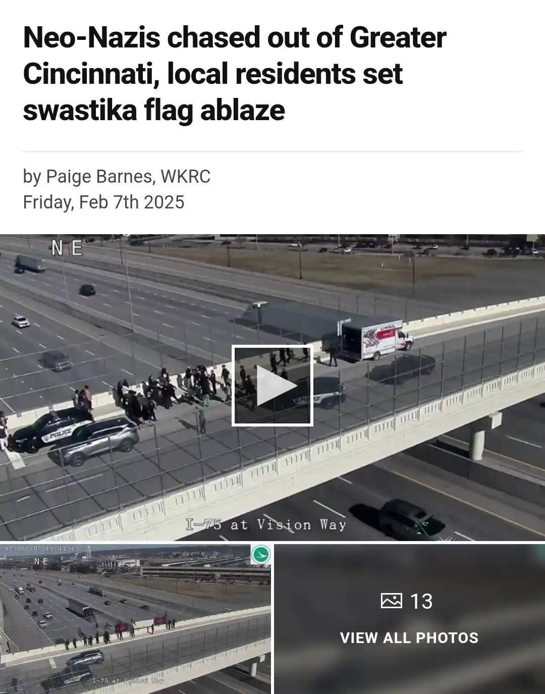 An aerial news photo shows a group of people standing on an elevated highway overpass next to police cars, with a U-Haul…