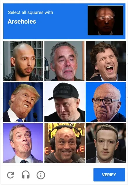 An image mimicking a CAPTCHA-style quiz with a blue header reading 'Select all squares with Arseholes'. Below are nine…