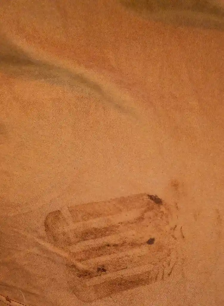 A close-up photo shows a brownish-orange fabric, likely clothing, with a large, irregular dark brown stain near the bottom…