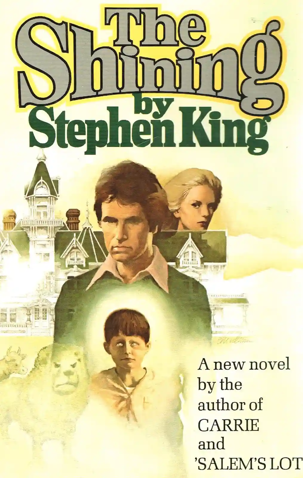The image is the cover of Stephen King's novel 'The Shining,' featuring a man, woman, and child in front of a large, ominous…