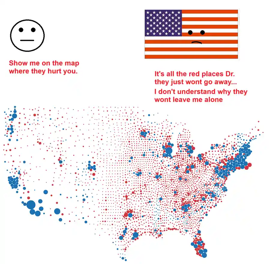 An image shows a map of the United States covered in red and blue dots, with a simple face icon asking 'Show me on the map…