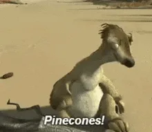 A sequence of six frames shows the animated character Scrat from Ice Age, initially looking around, then holding a pinecone…