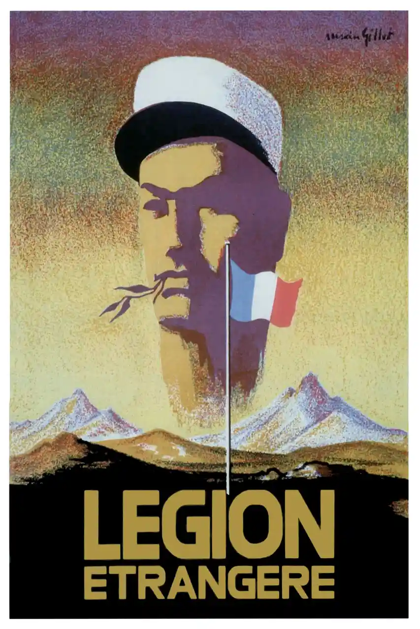 A vintage French recruitment poster by artist Lucien Gillet, depicting a stylized soldier in a white kepi with a French flag…