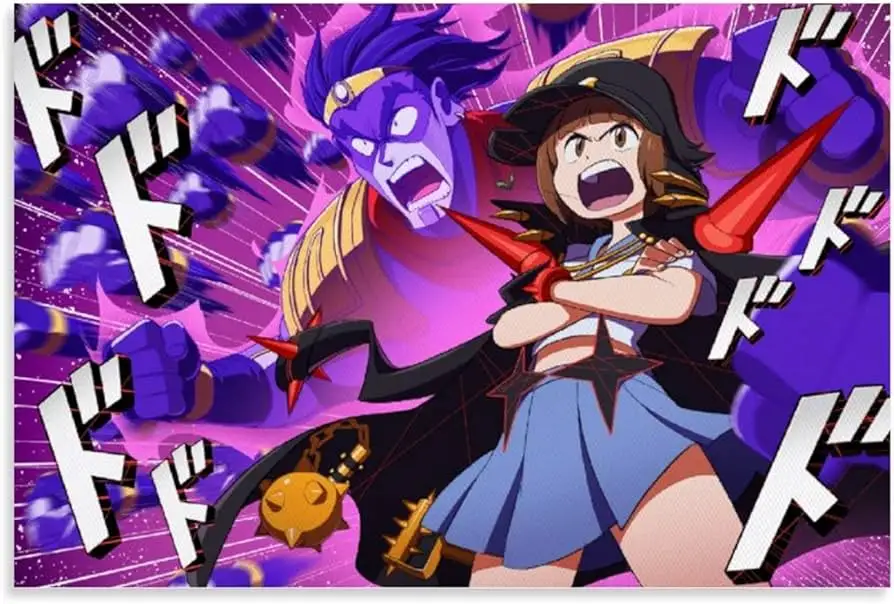 An anime-style illustration shows a young girl in a blue skirt and black hat wielding a red spiked weapon, facing a large…