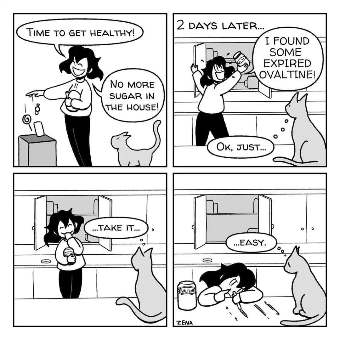 A four-panel black-and-white comic strip shows a woman declaring she's cutting sugar, then later finding expired Ovaltine…