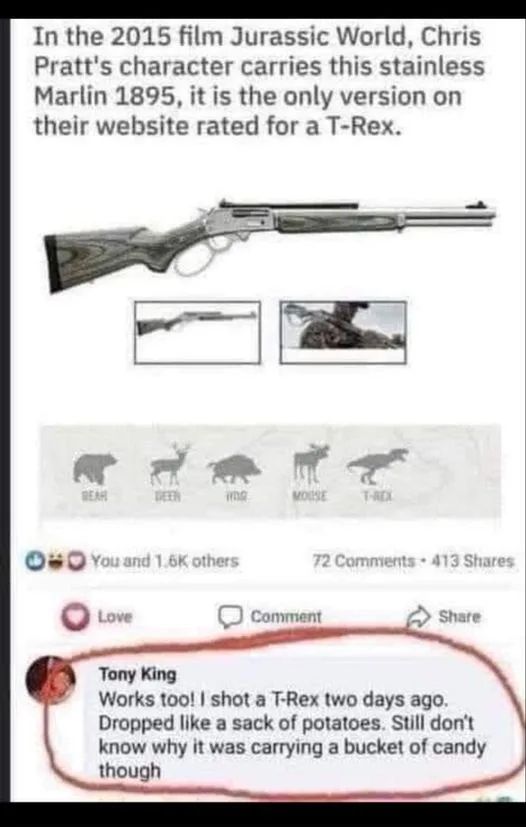 An image of a stainless steel Marlin 1895 rifle, shown with a 'T-Rex' hunting rating on a website interface. Below, a…