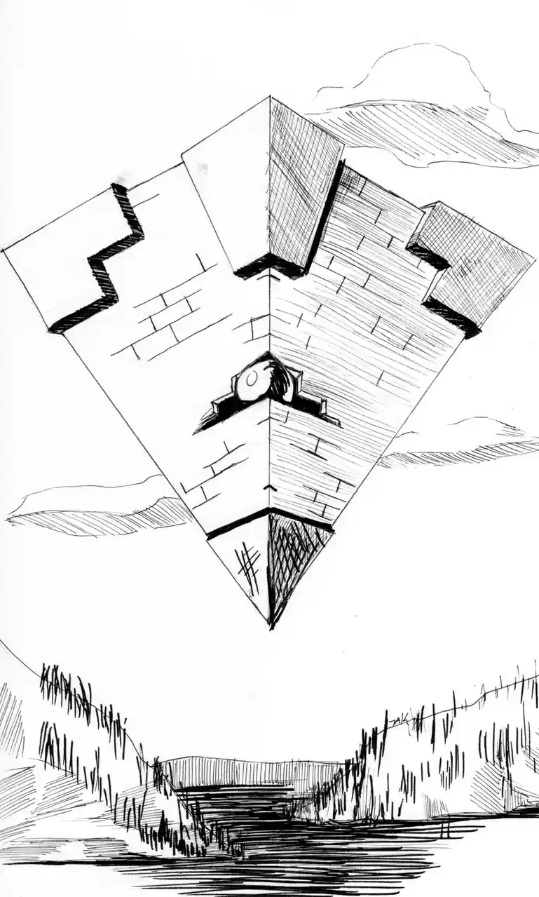 A black-and-white sketch depicts a castle with a single eye in its center, floating above a landscape with a river and…