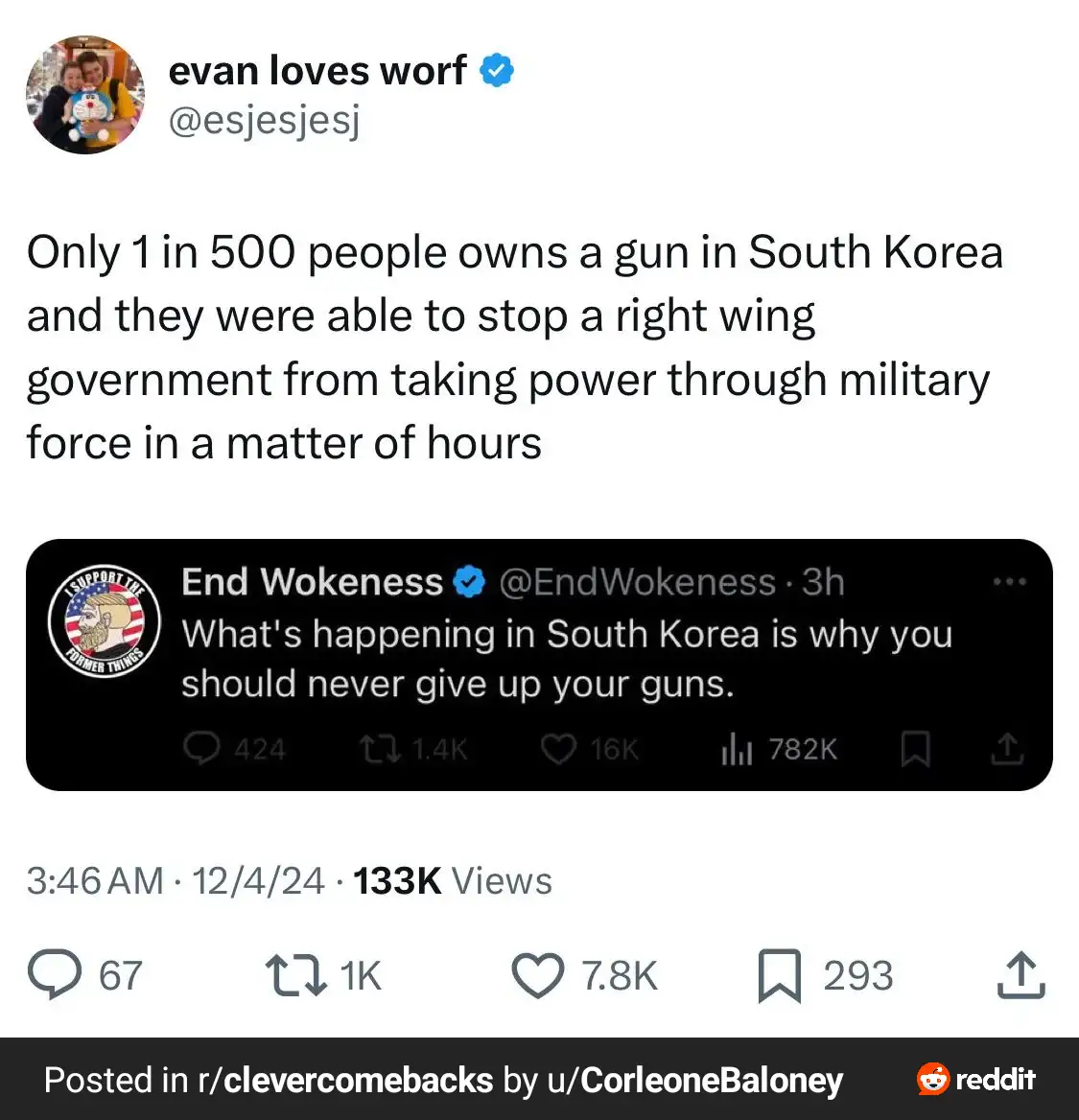 A screenshot of a tweet by 'evan loves worf' showing a reply to a tweet from 'End Wokeness' that says 'What's happening in…