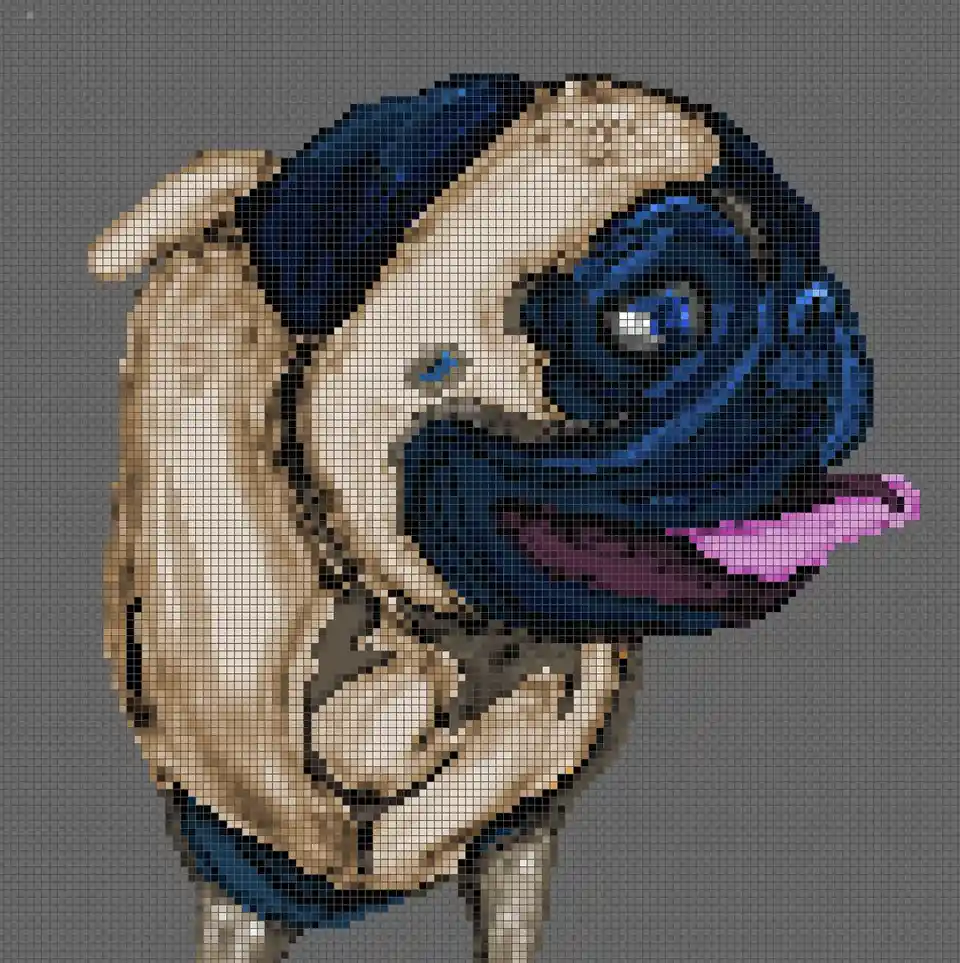 A pixelated, mosaic-style image of a pug with a blue face and pink tongue, standing against a gray background. The overlaid…