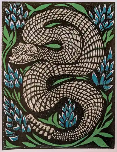 A stylized woodcut illustration shows a coiled, scaled snake with a reptilian head and open mouth, surrounded by green…