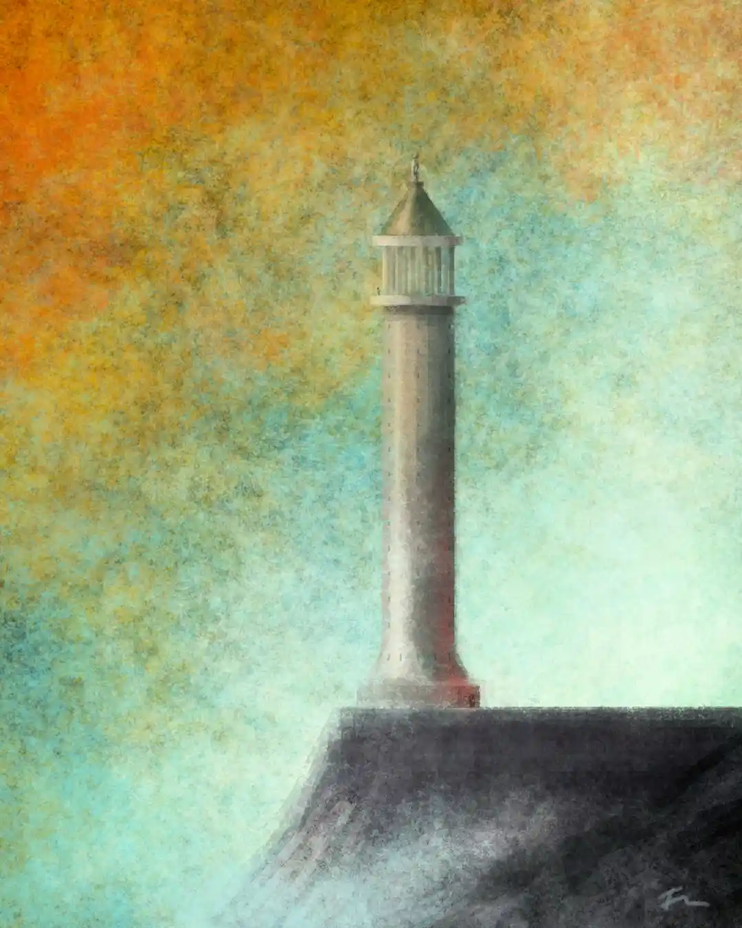 A painting of a lighthouse standing on a cliff against a textured sky of orange and teal. The overlaid text reads 'i'm not a…