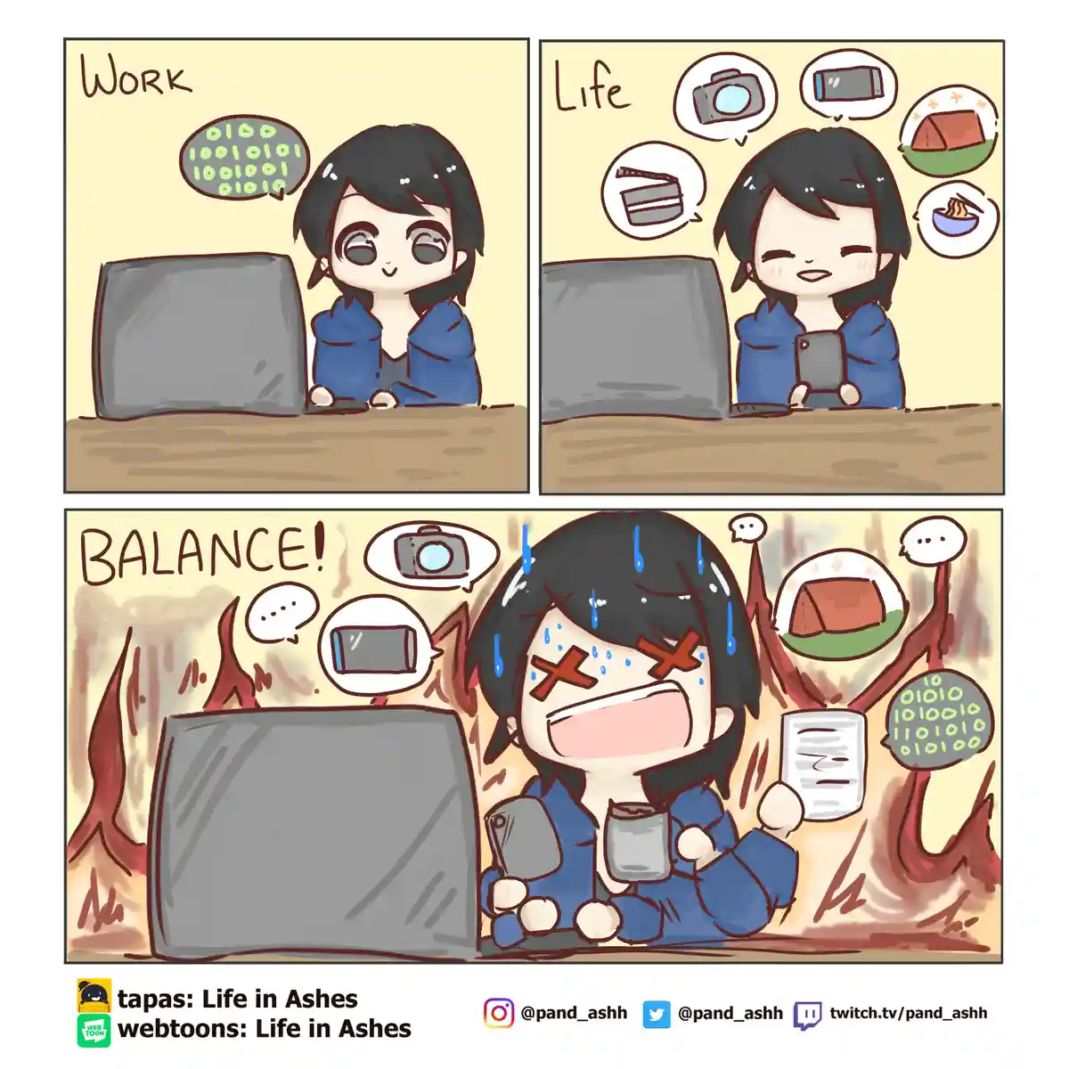 A three-panel comic shows a person happily working at a computer with binary code floating above them, then happily using a…