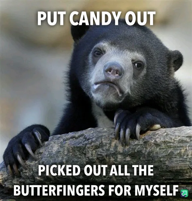 A close-up photo of a black bear with a smug, self-satisfied expression, resting its paws on a log. White bold text is…