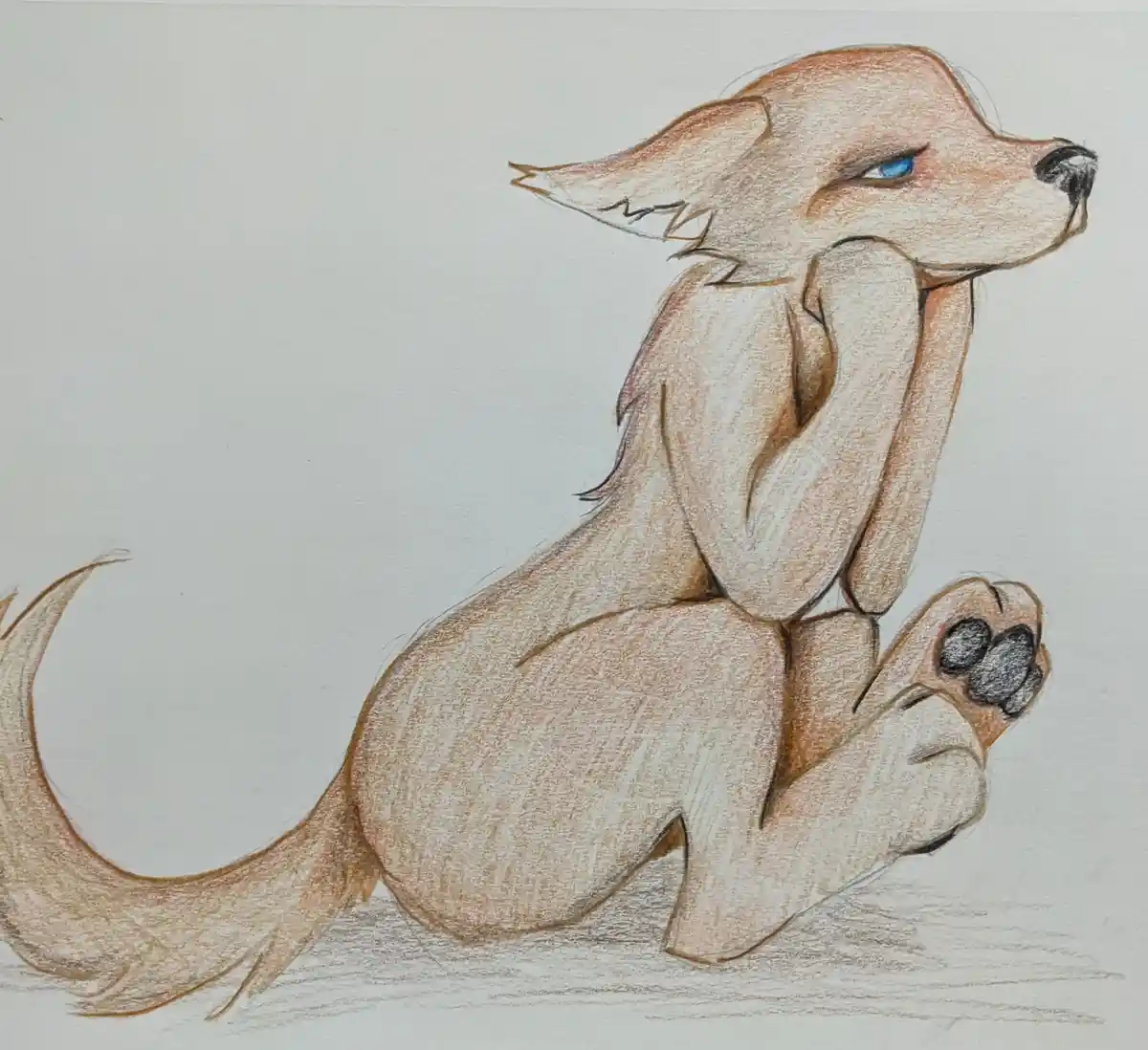 A colored pencil drawing of a tan anthropomorphic fox sitting with its paws under its chin, looking upward with a tired or…