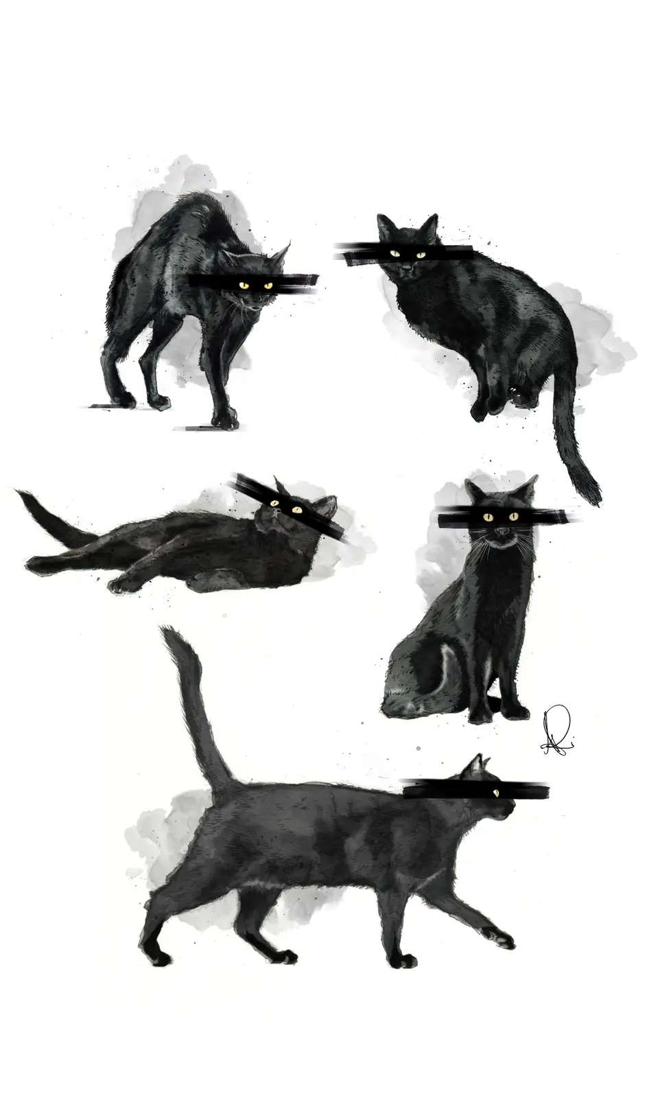 The image displays six artistic illustrations of black cats in various poses—standing, sitting, lying down, and walking—each…