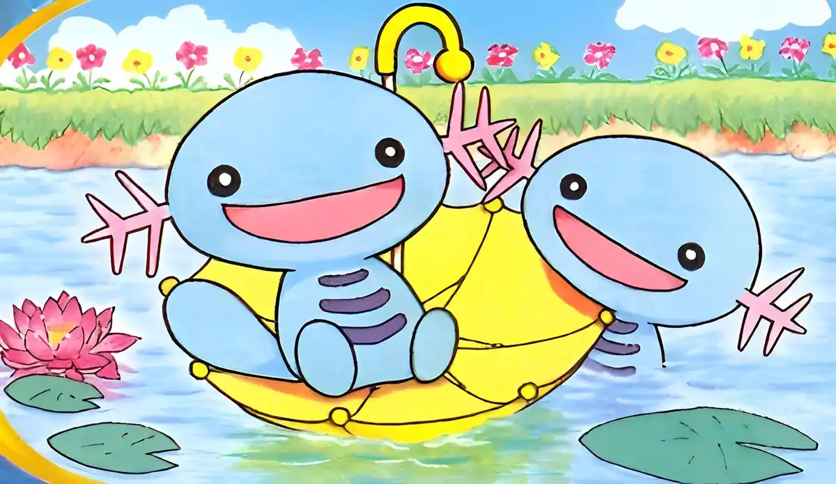 Two blue, cartoonish Pokémon-like creatures with pink starfish arms sit happily in a yellow banana boat on a calm pond with…