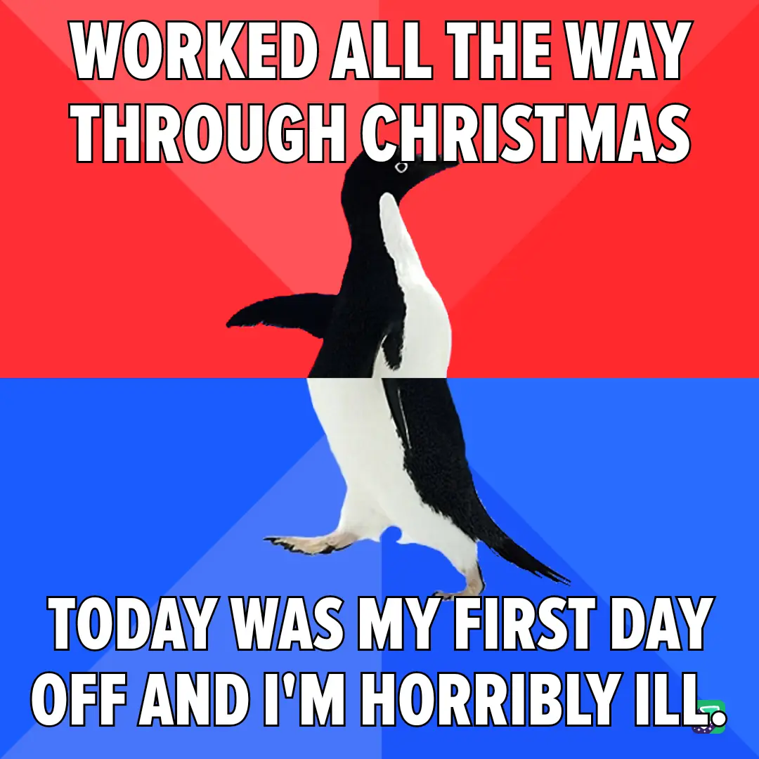 A penguin stands upright against a red and blue background, with bold white text at the top reading 'WORKED ALL THE WAY…