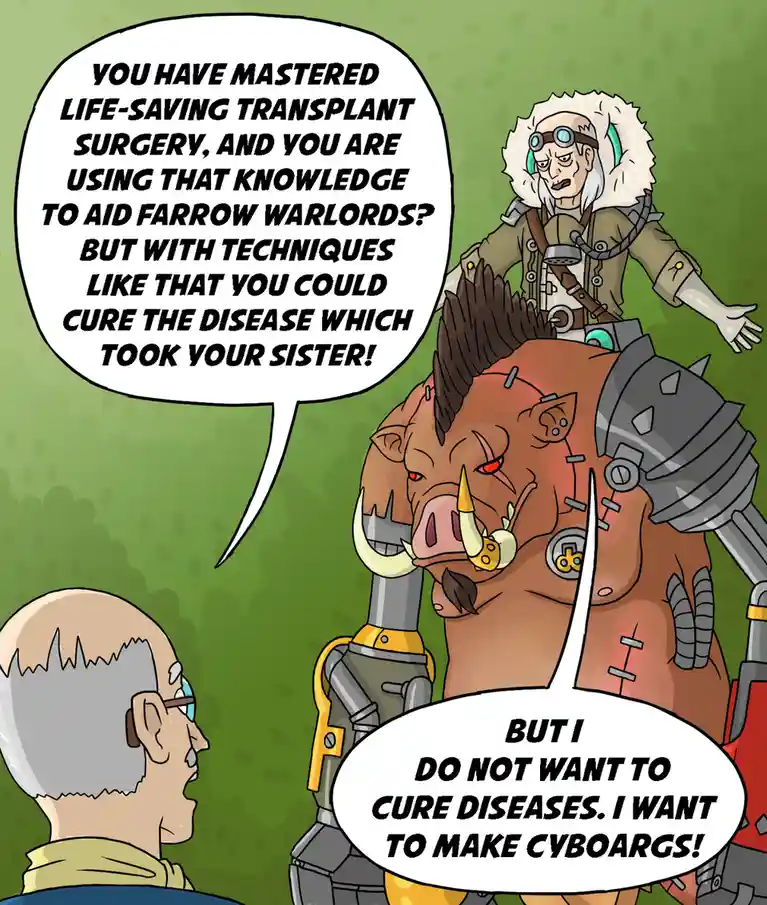 A cartoon depicts an elderly man with glasses speaking to a cyborg warthog. The warthog, wearing armor and sporting…