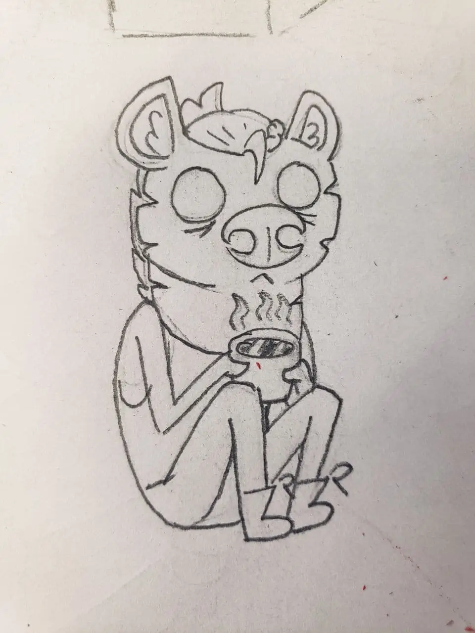 A hand-drawn pencil sketch shows a cartoonish anthropomorphic tiger with a sleepy, tired expression, sitting cross-legged…