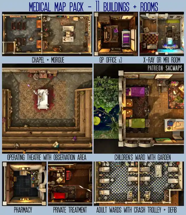 An image displays a collection of seven top-down, isometric-style room maps labeled as a 'Medical Map Pack'. The maps depict…