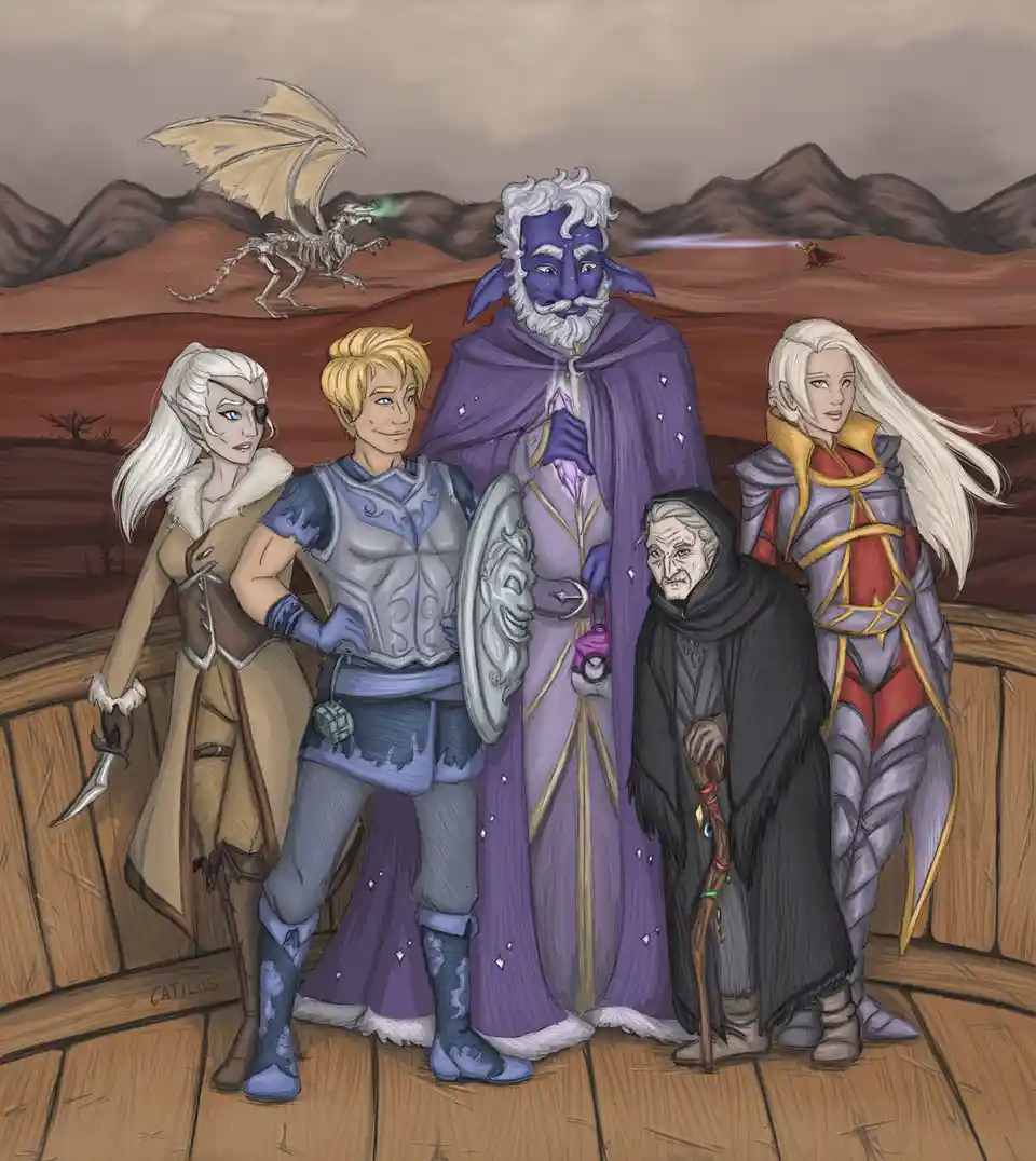 Five fantasy characters stand on a wooden platform in a desert landscape, with a skeletal dragon in the background. The…