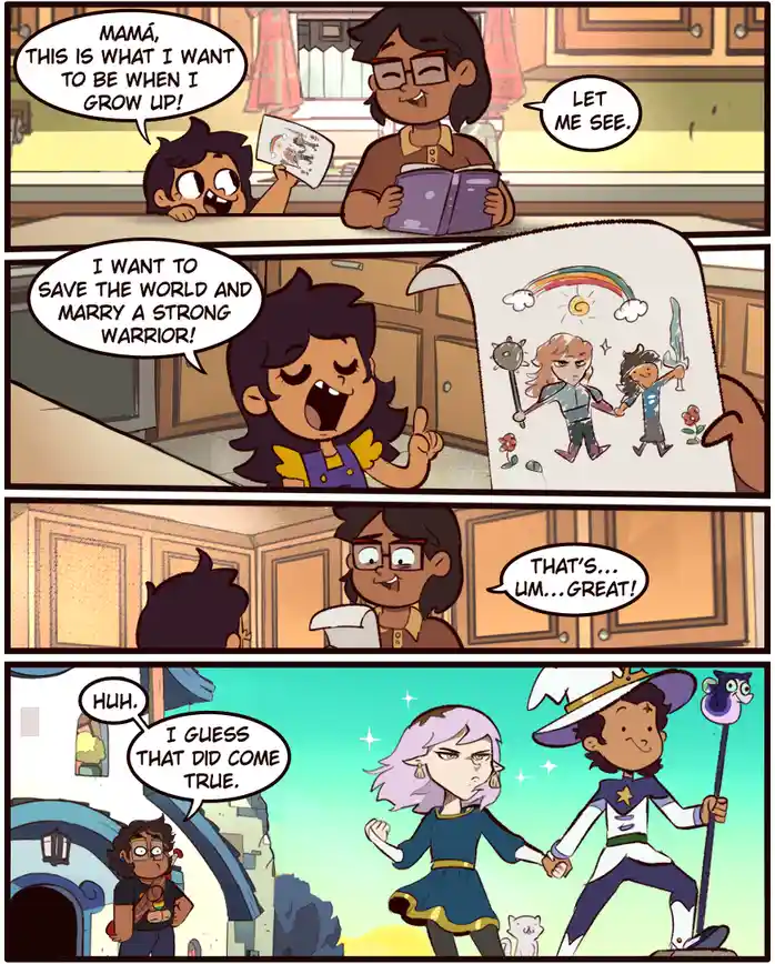 A four-panel comic strip shows a child proudly showing their mother a drawing of themselves as a warrior saving the world…
