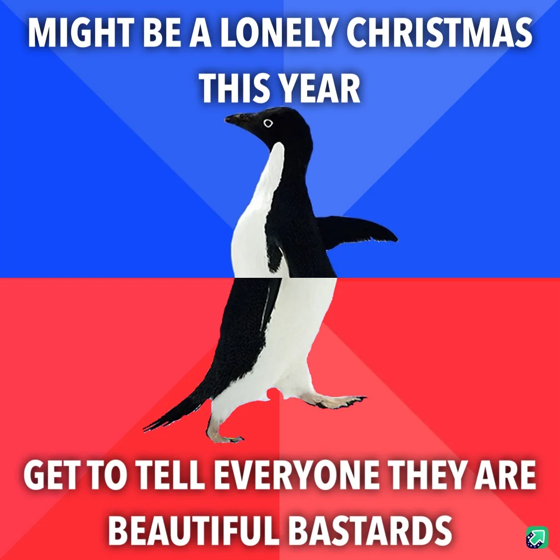A penguin stands centered against a blue and red background, with white text above reading 'MIGHT BE A LONELY CHRISTMAS THIS…