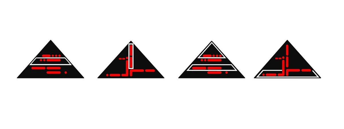 Four black pyramid icons arranged horizontally, each containing red abstract shapes resembling circuitry or pathways. The…