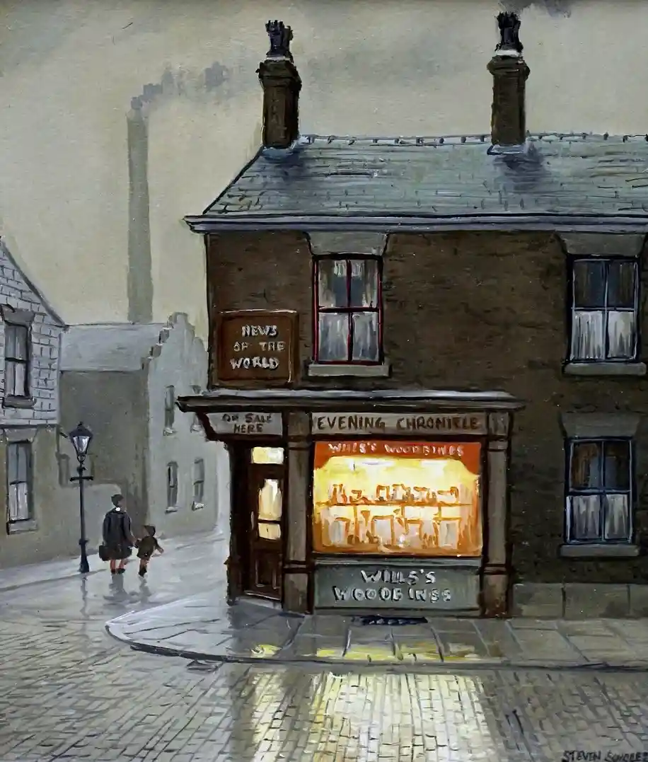 A vintage painting depicts a dimly lit street corner with a pub named 'Wills's Woodbine' and a newsagent's shop. The shop…