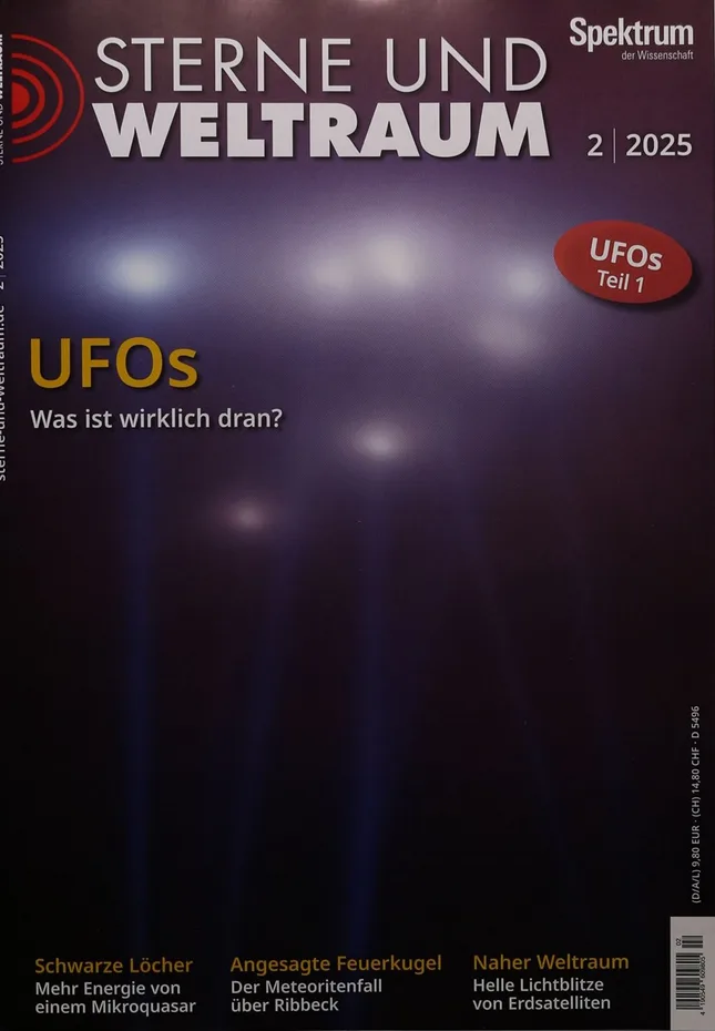 The image shows the cover of a German science magazine 'Sterne und Weltraum', issue 2/2025, featuring a dark purple…