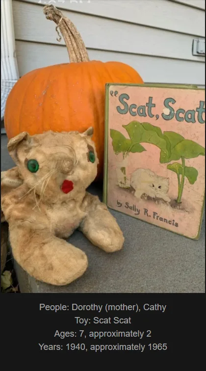 A vintage, worn-out stuffed cat toy with green button eyes and a red nose sits beside a children's book titled 'Scat, Scat'…