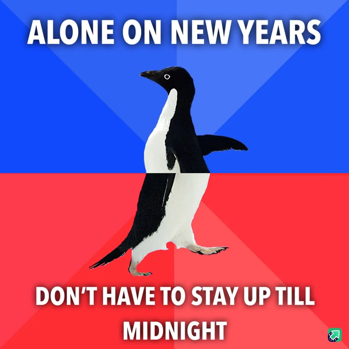 A black-and-white penguin stands centered against a blue-and-red background, with the text 'ALONE ON NEW YEARS' at the top…