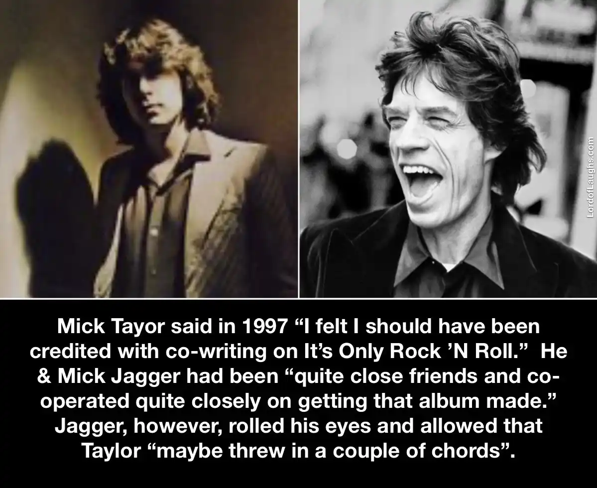 The image displays two side-by-side photos of Mick Taylor (left, younger, in a suit) and Mick Jagger (right, older, laughing…